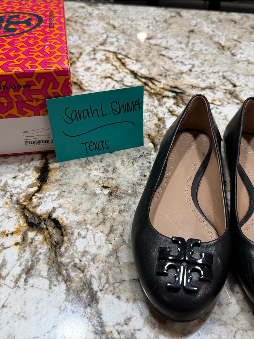 Tory Burch Black Leather Logo Ballet Flats